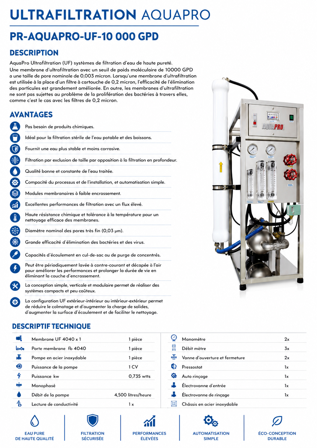 Unité d'Ultrafiltration Aquapro PR-AUF-10000G — 10 000-12 000 GPD